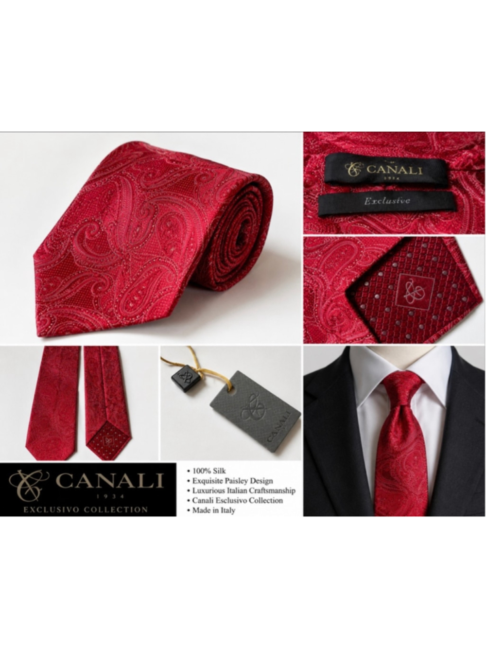 Men's Canali Paisley Silk Tie Red New Italian Luxury